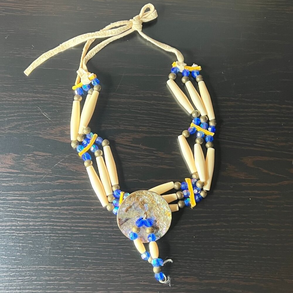 Vintage Bone Hairpipe Bead Choker Necklace Blue Glass Brass Shell‎ Disk Pendant